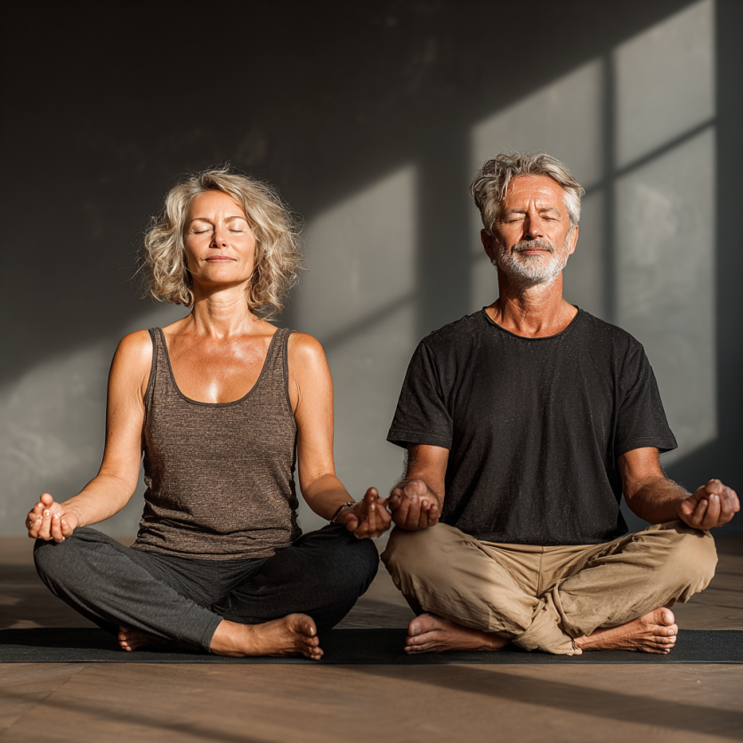 Зрілі люди займаються йогою